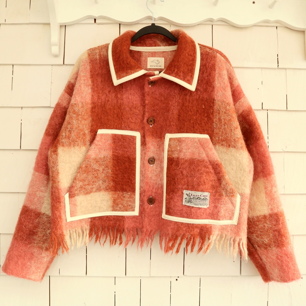 Upcycled Mohair Plaid Wool Jacket with Fringe Pink Peach Cream Brown M • L - Picture 1 of 8